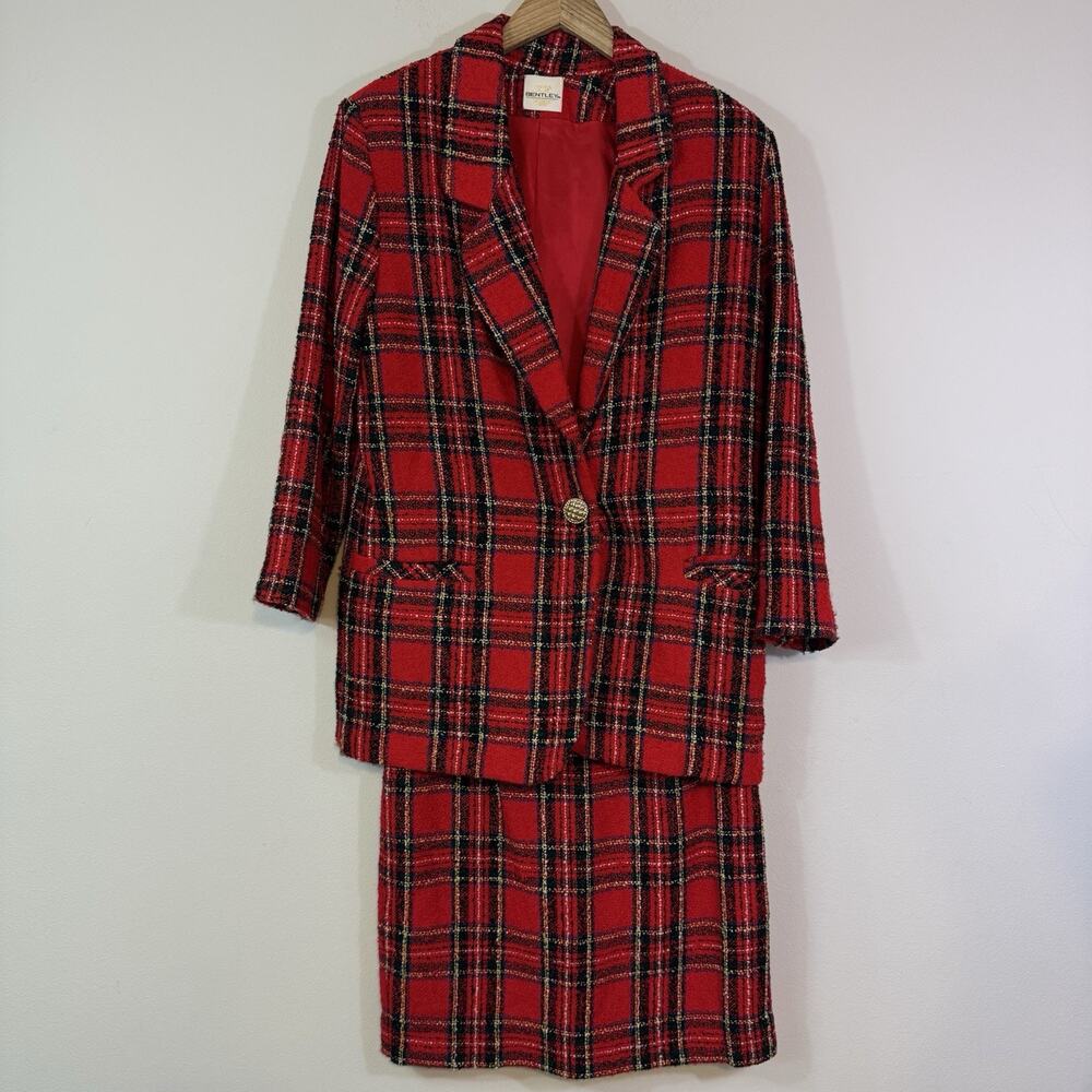 TR BENTLEY Vtg 80s 90s Red Plaid Blazer Skirt Suit Set Academia Holiday Size 7